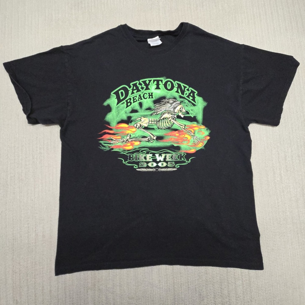 Vintage Daytona Beach Bike Week Shirt Mens XL Black Skeleton Graphic 2005 Hanes